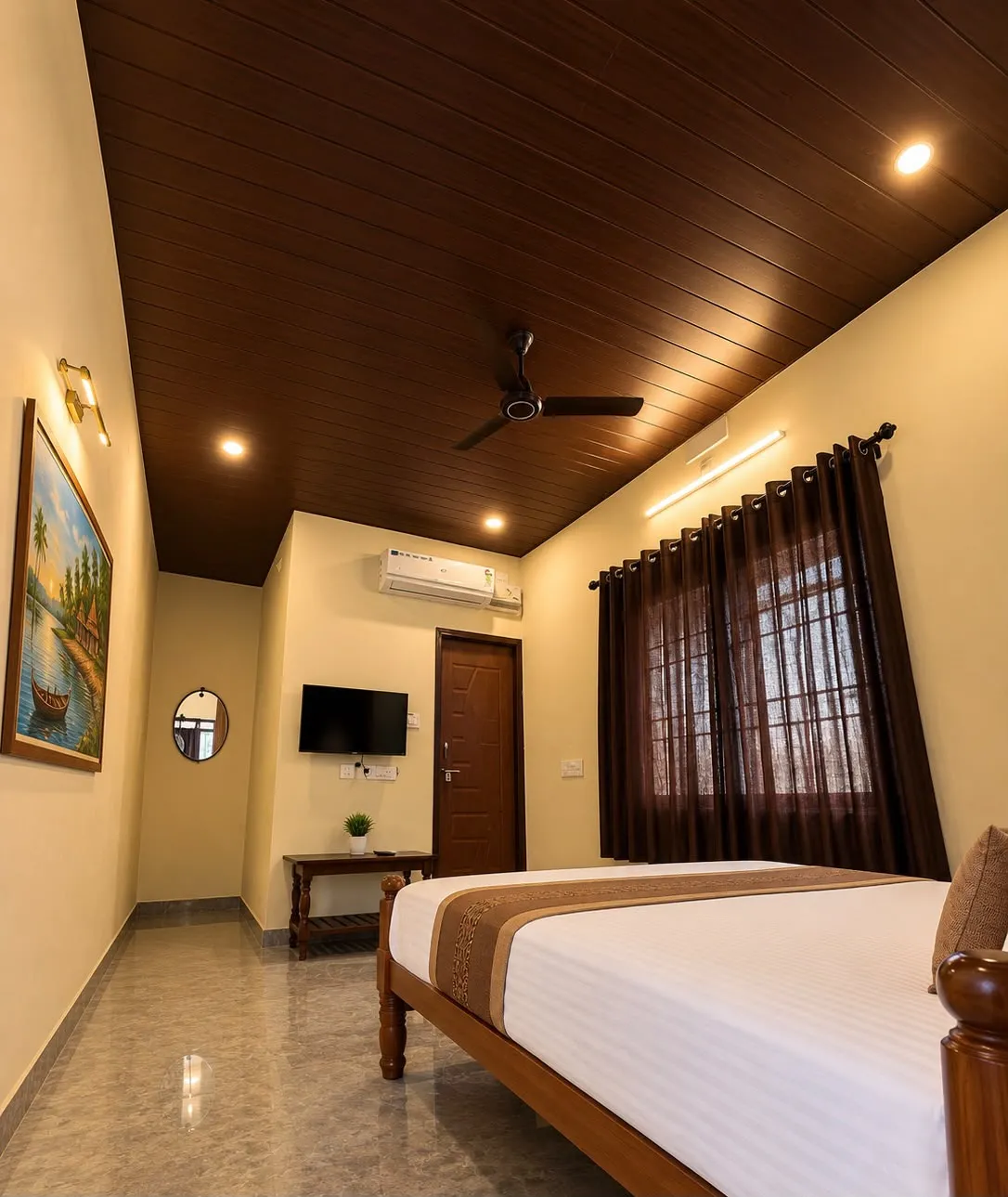 Cottage bedroom with wood ceiling