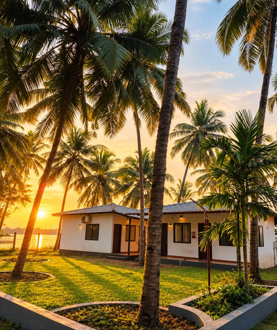 Private cottage and lawn at sunset