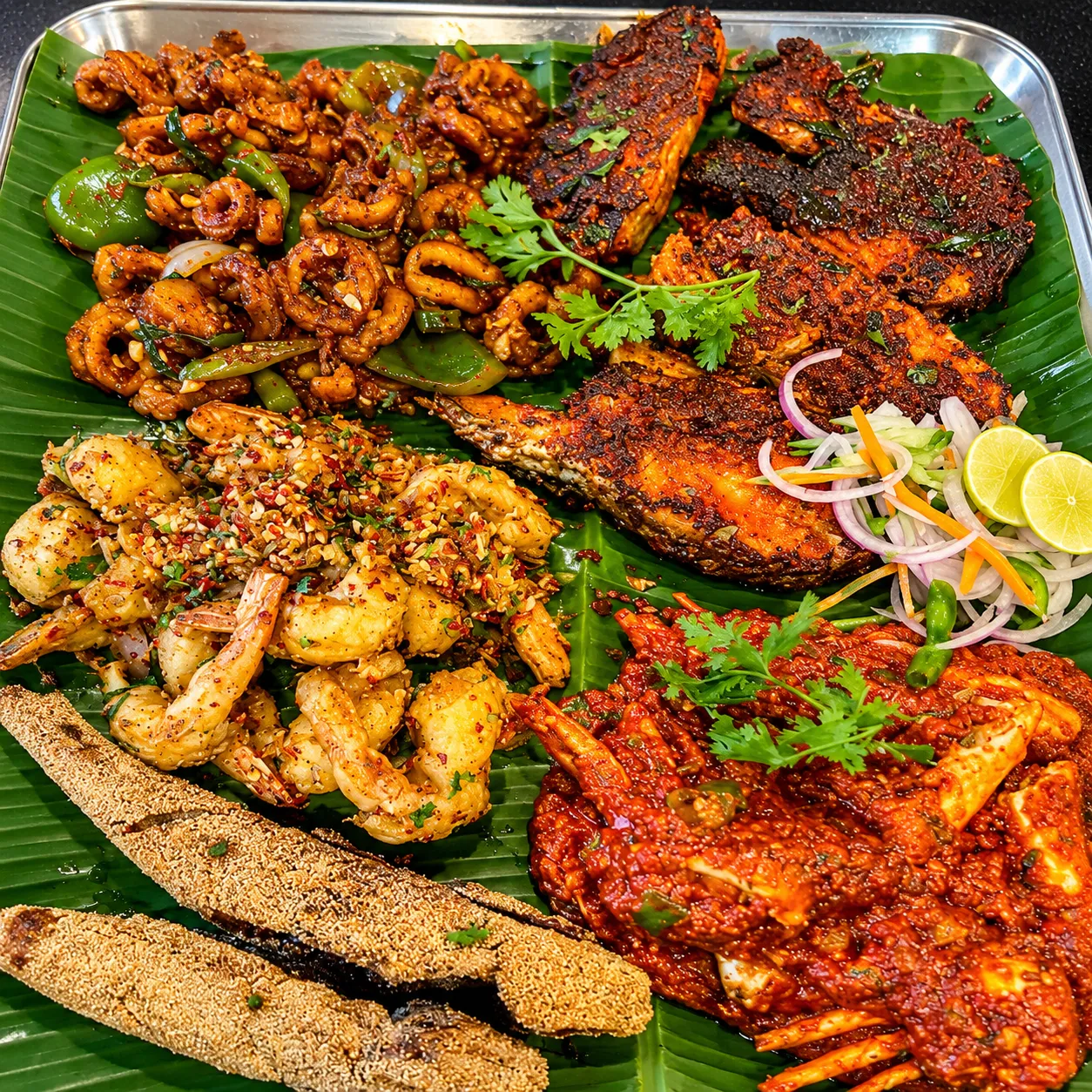Coastal seafood platter with prawns, crab curry and clam sukka