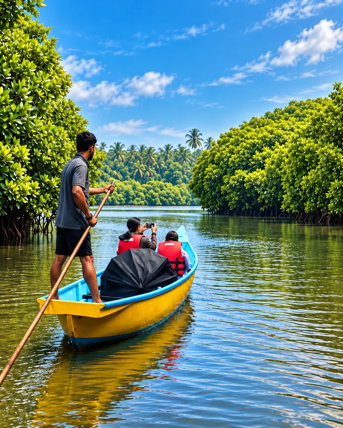 Traditional wooden country boat in mangrove waterways in Kundapura